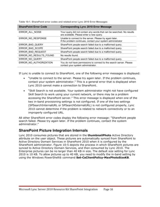 Table 10-1. SharePoint error codes and related error Lync 2010 Error Messages

SharePoint Error Code               Corresponding Lync 2010 Error Message

ERROR_ALL_NOISE                     Your query did not contain any words that can be searched. No results
                                    are available. Please enter a new query.
ERROR_NO_RESPONSE                   Unable to connect to the server. Please try again later.
                                    If the problem continues, contact your system administrator
ERROR_BAD_QUERY                     SharePoint people search failed due to a malformed query.
ERROR_BAD_SCOPE                     SharePoint people search failed due to a malformed query.
ERROR_BAD_REQUEST                   SharePoint people search failed due to a malformed query.
ERROR_NO_RESULTS_FOUND              No results found.
ERROR_NO_QUERY                      SharePoint people search failed due to a malformed query.
ERROR_NO_AUTHORIZATION              You do not have permissions to connect to the search server. Please
                                    contact your system administrator.


If Lync is unable to connect to SharePoint, one of the following error messages is displayed:
    •   “Unable to connect to the server. Please try again later. If the problem continues,
        contact your system administrator.” This is a general error that is displayed when
        Lync 2010 cannot make a connection to SharePoint.
    •   “Skill Search is not available. Your system administrator might not have configured
        Skill Search to work using your current network, or there may be a problem
        accessing the SharePoint server.” This error message is displayed when one of the
        two in-band provisioning settings is not configured. If one of the two settings
        (SPSearchInternalURL or SPSearchExternalURL) is not configured properly, Lync
        2010 cannot determine if the problem is related to network connectivity or to an
        improperly configured URL.

All other SharePoint error codes display the following error message: “SharePoint people
search failed. Please try again later. If the problem continues, contact the system
administrator.”

SharePoint Picture Integration Internals
Lync 2010 consumes pictures that are stored in the thumbnailPhoto Active Directory
attribute on the user object. These pictures are automatically synced from SharePoint to
Active Directory Domain Services in SharePoint 2010 when it is configured by the
SharePoint administrator. Figure 10-5 depicts the process in which SharePoint pictures are
synced to Active Directory Domain Services, and then consumed by Lync 2010. The
Enterprise pictures can be no larger than 40 KB in size. The default size setting for Lync
2010 is 10 KB. To allow pictures up to 40 KB, you need to modify the in-band setting by
using the Windows PowerShell® command Set-CsClientPolicy-MaxPhotoSizeKB.




Microsoft Lync Server 2010 Resource Kit SharePoint Integration               Page 16
 