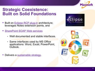 Strategic Coexistence:  Built on Solid Foundations Built on  Eclipse RCP plug-in   architecture; leverages Notes extension points, and  SharePoint SOAP Web services Well documented and stable interfaces. Same interfaces used by MS Office applications: Word, Excel, PowerPoint, Outlook. Delivers a  sustainable strategy . 