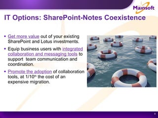 IT Options: SharePoint-Notes Coexistence Get more value  out of your existing SharePoint and Lotus investments. Equip business users with  integrated collaboration and messaging tools  to support  team communication and coordination. Promote the adoption   of collaboration tools, at 1/10 th  the cost of an  expensive migration.  