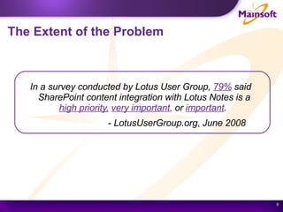 The Extent of the Problem  In a survey conducted by Lotus User Group,  79%  said SharePoint content integration with Lotus Notes is a  high priority,   very important ,  or  important .   -  LotusUserGroup.org ,  June 2008 
