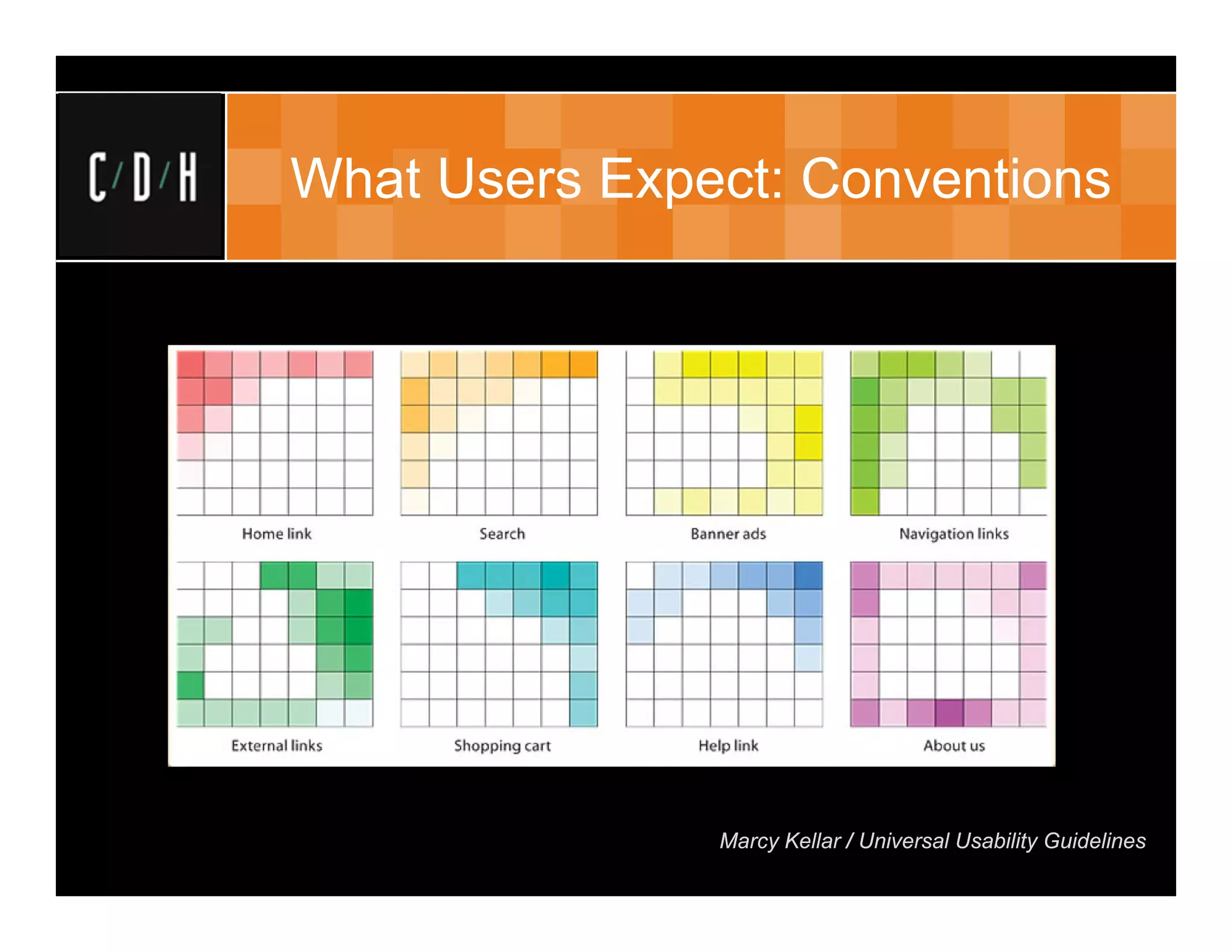 What Users Expect: Conventions




               Marcy Kellar / Universal Usability Guidelines
 