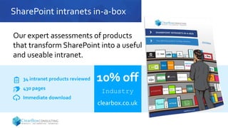 SharePoint intranets in-a-box
10% off
Industry
clearbox.co.uk
34 intranet products reviewed
430 pages
Immediate download
Our expert assessments of products
that transform SharePoint into a useful
and useable intranet.
 