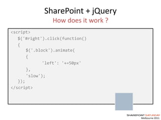 Melbourne 2011
SharePoint + jQuery
How does it work ?
<script>
$('#right').click(function()
{
$('.block').animate(
{
'left': '+=50px'
},
'slow');
});
</script>
 