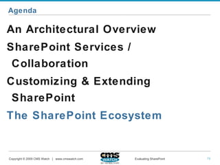 Agenda An Architectural Overview SharePoint Services / Collaboration Customizing & Extending SharePoint The SharePoint Ecosystem 