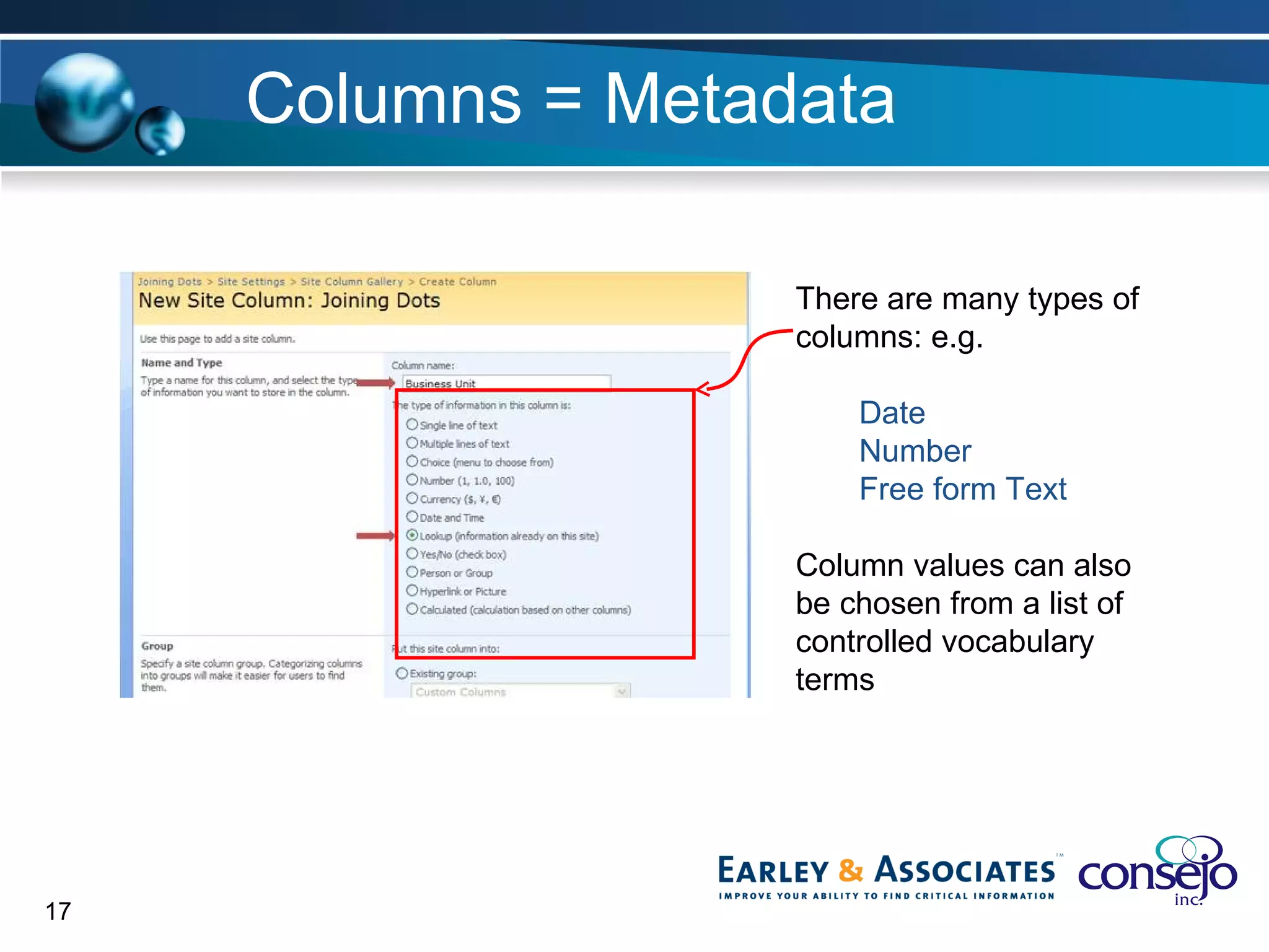Columns = Metadata There are many types of  columns: e.g. Date Number Free form Text Column values can also be chosen from a list of controlled vocabulary terms 