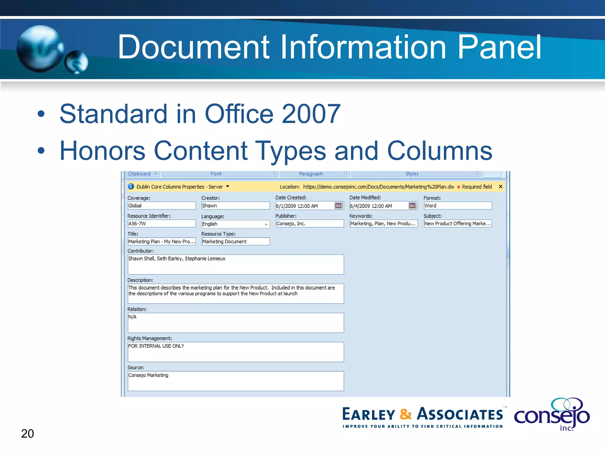 Document Information Panel Standard in Office 2007 Honors Content Types and Columns 
