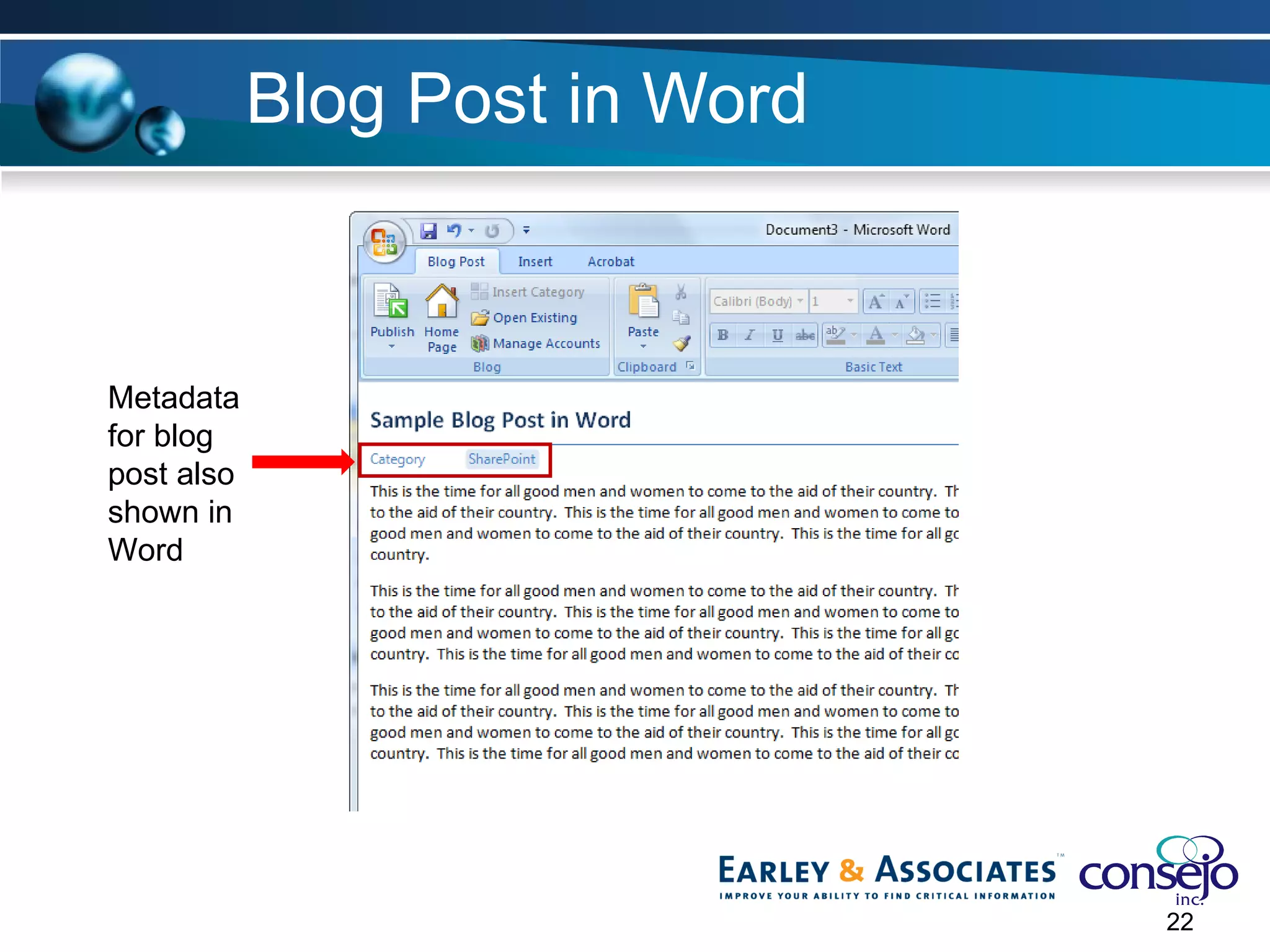 Blog Post in Word Metadata for blog post also shown in Word 