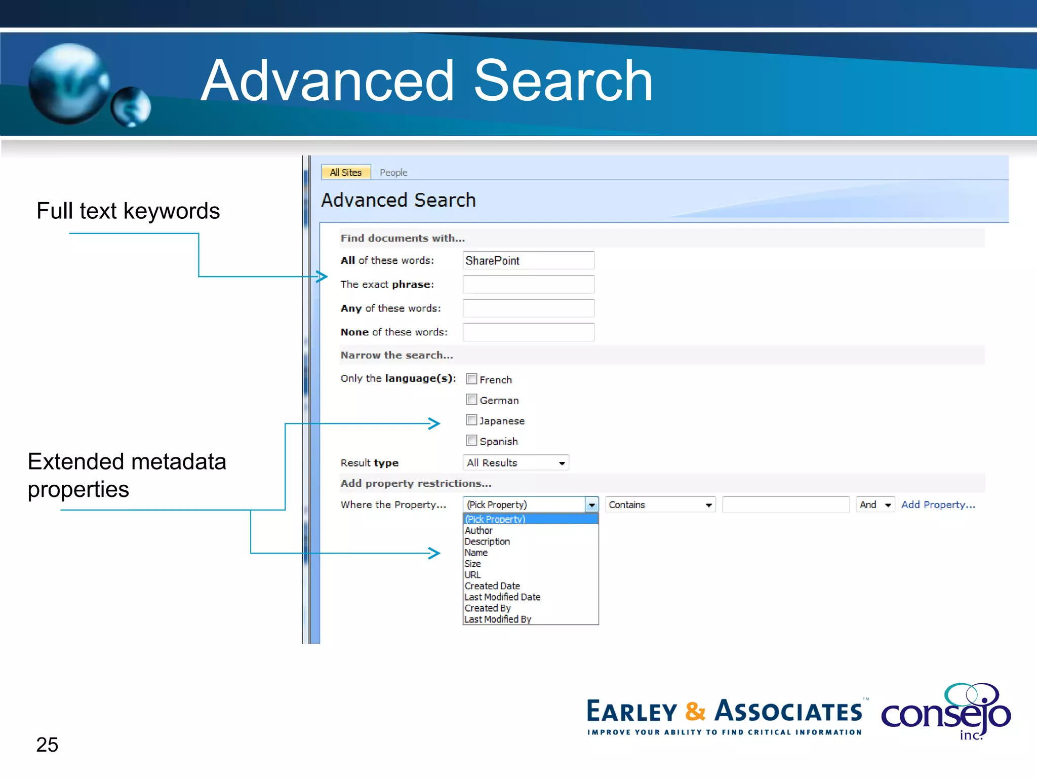 Advanced Search Full text keywords Extended metadata properties 