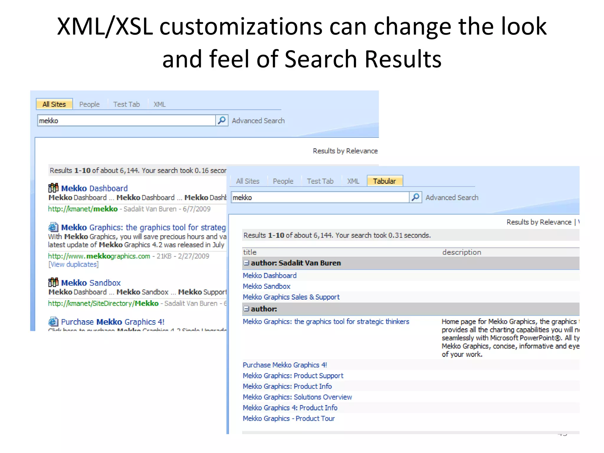 XML/XSL customizations can change the look and feel of Search Results 