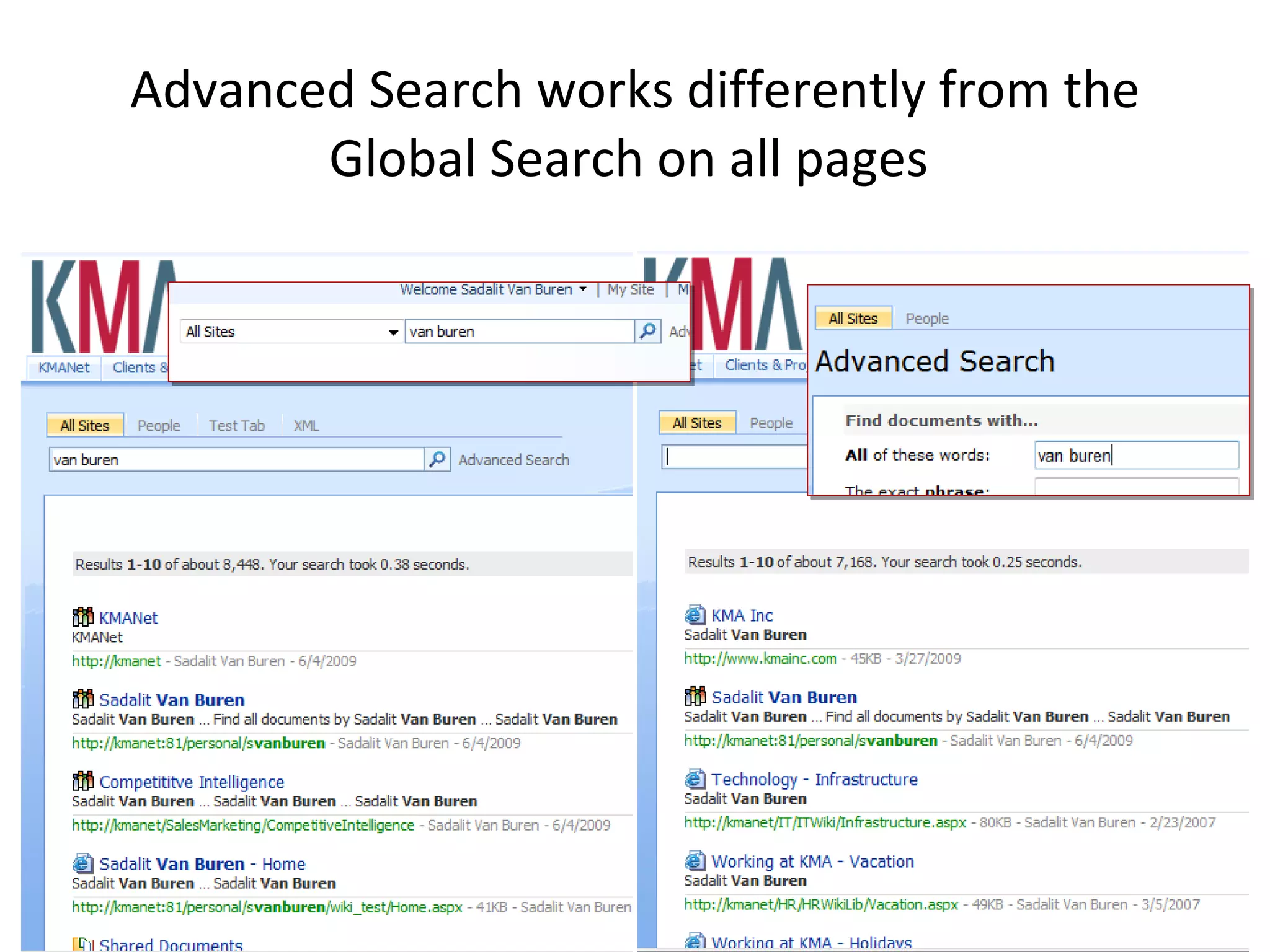 Advanced Search works differently from the Global Search on all pages  