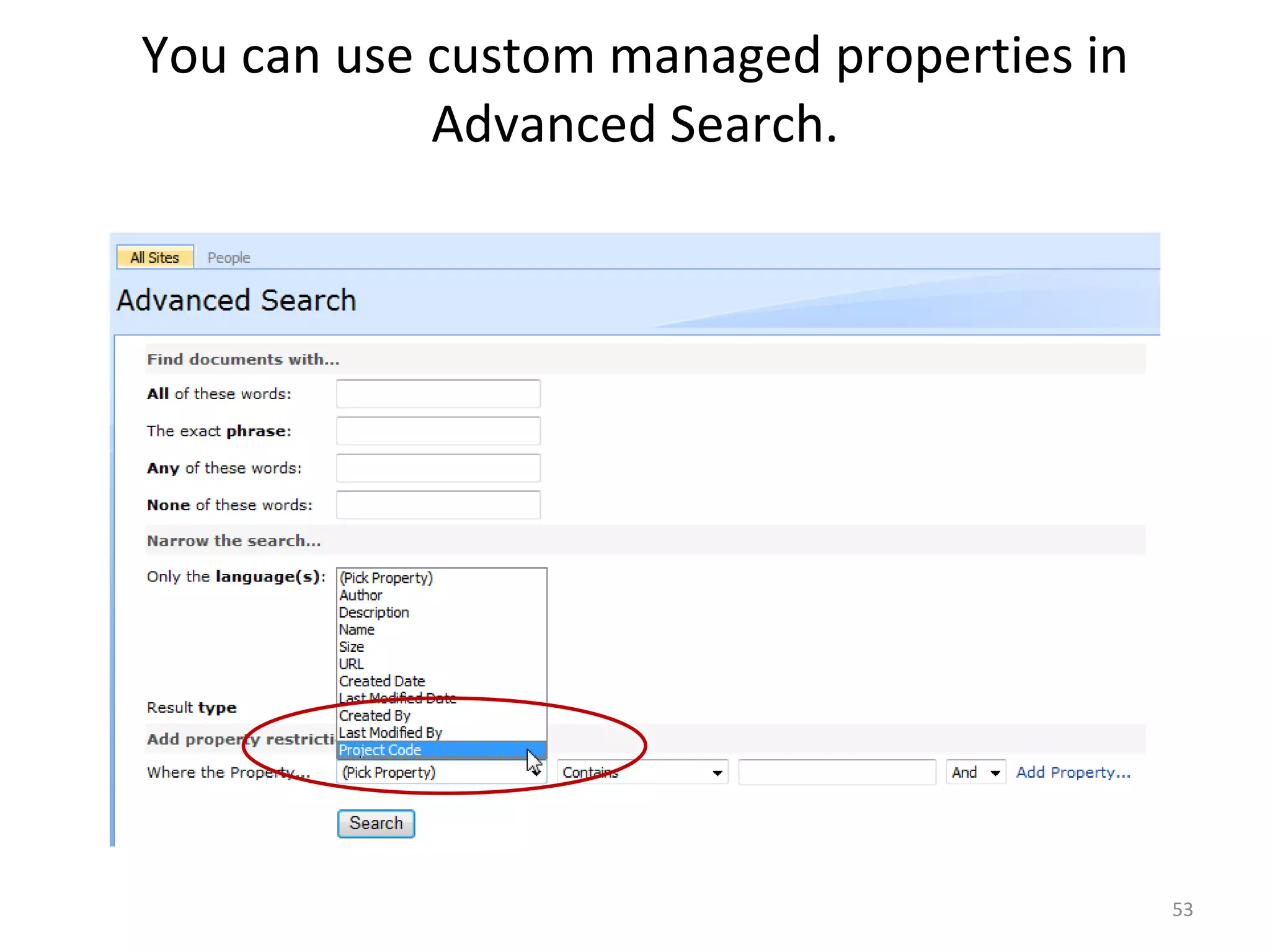 You can use custom managed properties in Advanced Search. 