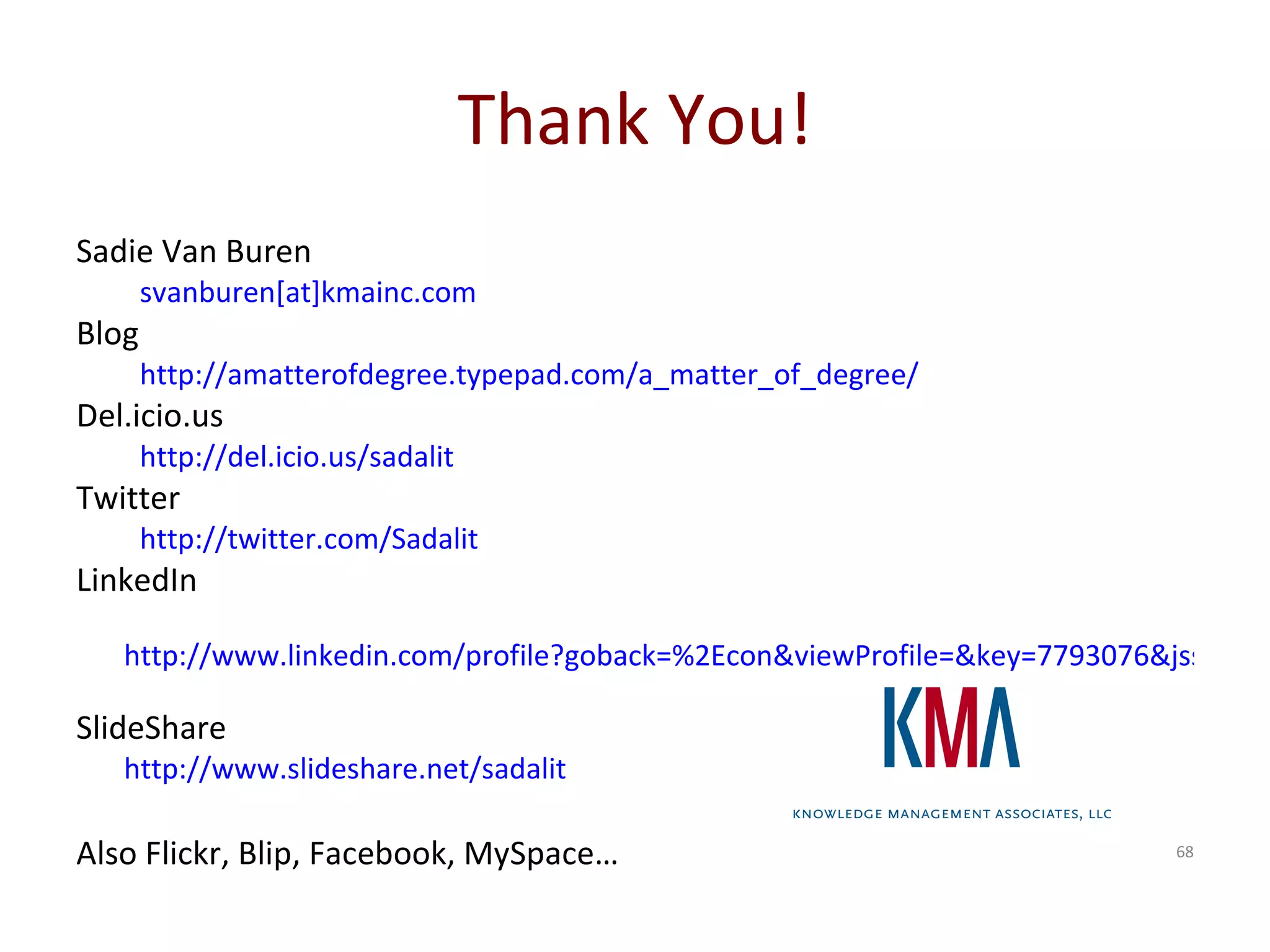 Thank You! Sadie Van Buren svanburen[at]kmainc.com Blog http://amatterofdegree.typepad.com/a_matter_of_degree/ Del.icio.us http://del.icio.us/sadalit Twitter http://twitter.com/Sadalit LinkedIn http://www.linkedin.com/profile?goback=%2Econ&viewProfile=&key=7793076&jsstate=.conbro_0_*51_false_*2_25027   SlideShare http://www.slideshare.net/sadalit Also Flickr, Blip, Facebook, MySpace… 