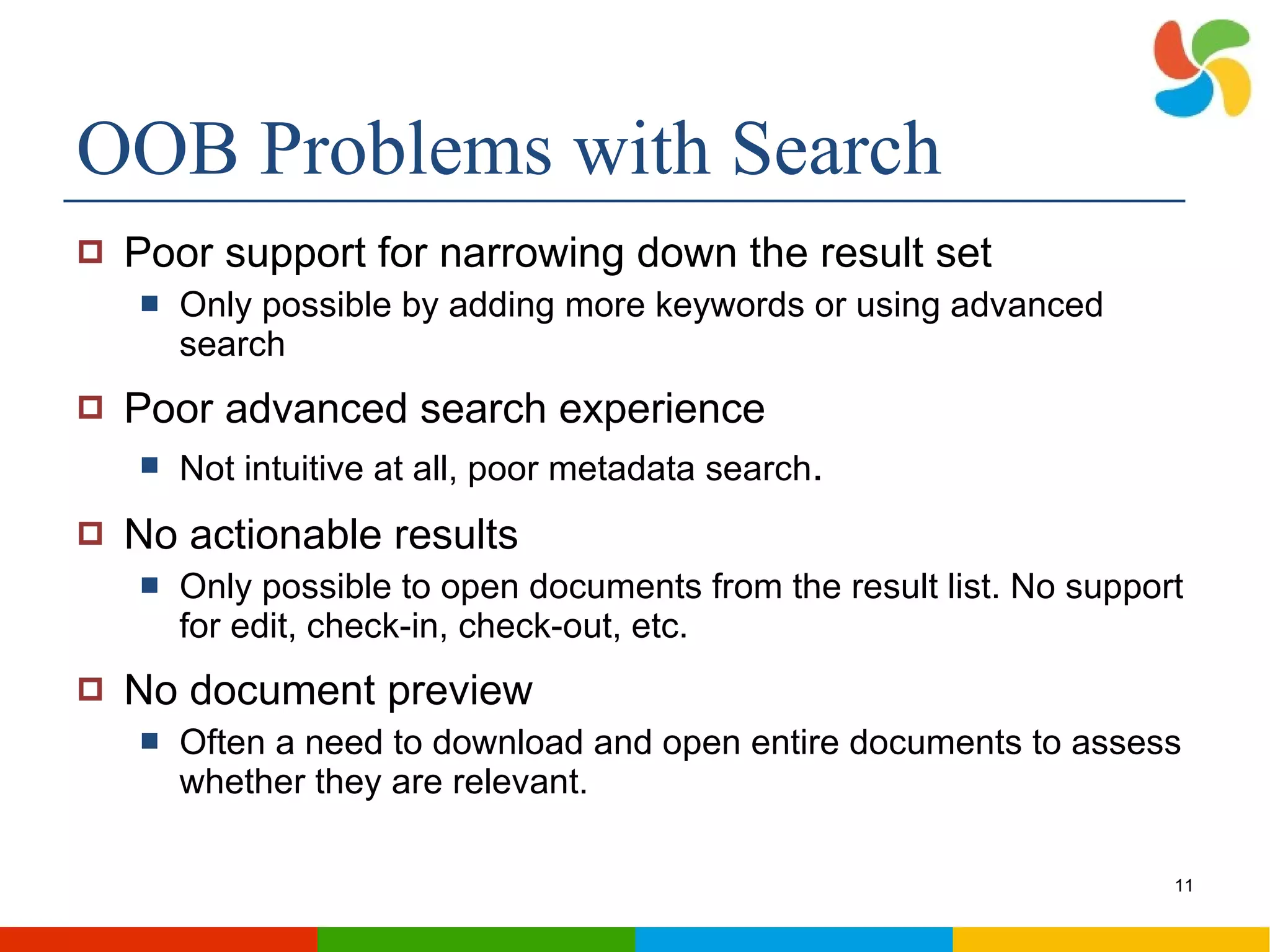 OOB Problems with Search Poor support for narrowing down the result set Only possible by adding more keywords or using advanced search Poor advanced search experience Not intuitive at all, poor metadata search . No actionable results Only possible to open documents from the result list. No support for edit, check-in, check-out, etc. No document preview Often a need to download and open entire documents to assess whether they are relevant. 