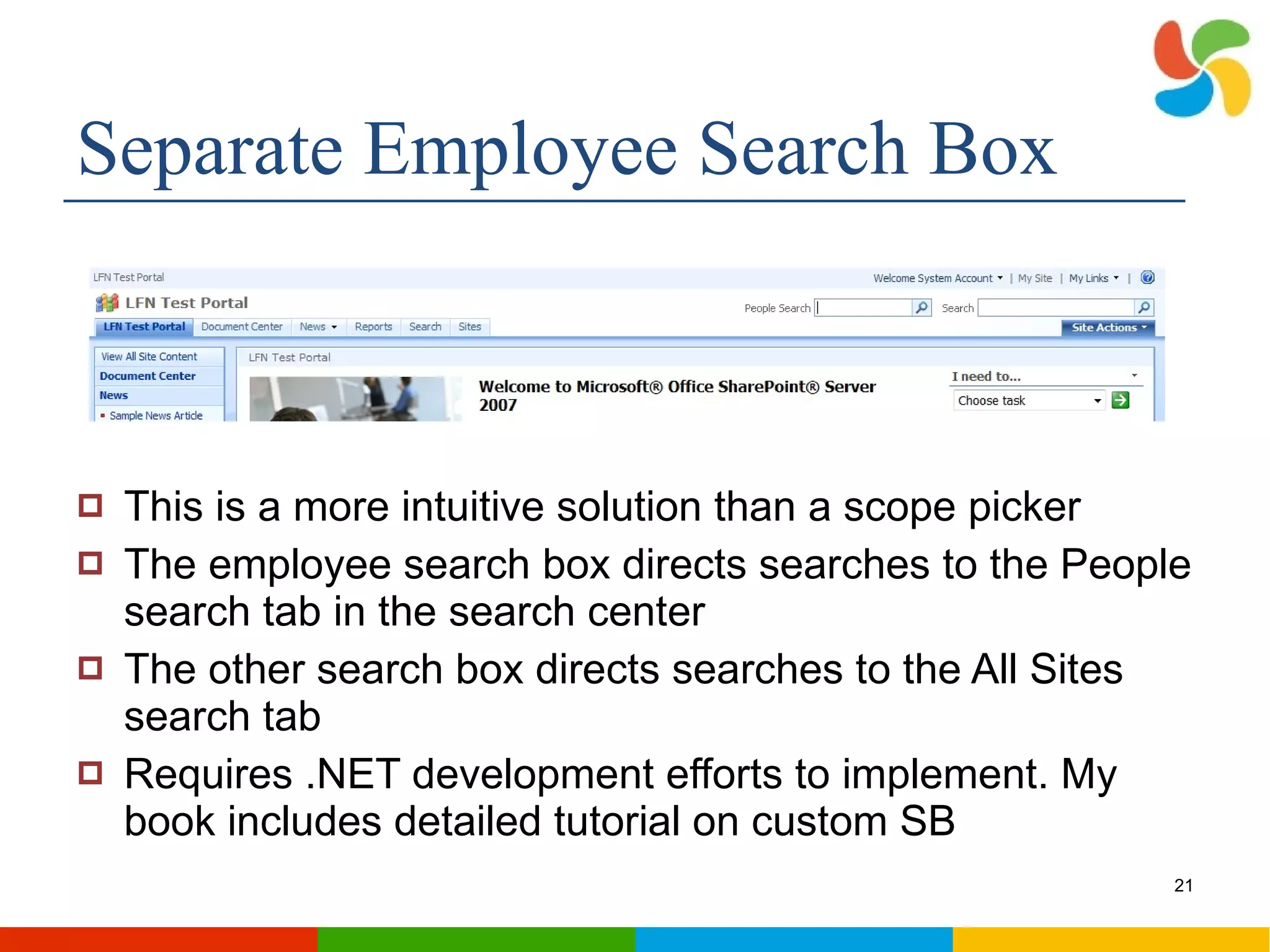 Separate Employee Search Box This is a more intuitive solution than a scope picker The employee search box directs searches to the People search tab in the search center The other search box directs searches to the All Sites search tab Requires .NET development efforts to implement. My book includes detailed tutorial on custom SB 