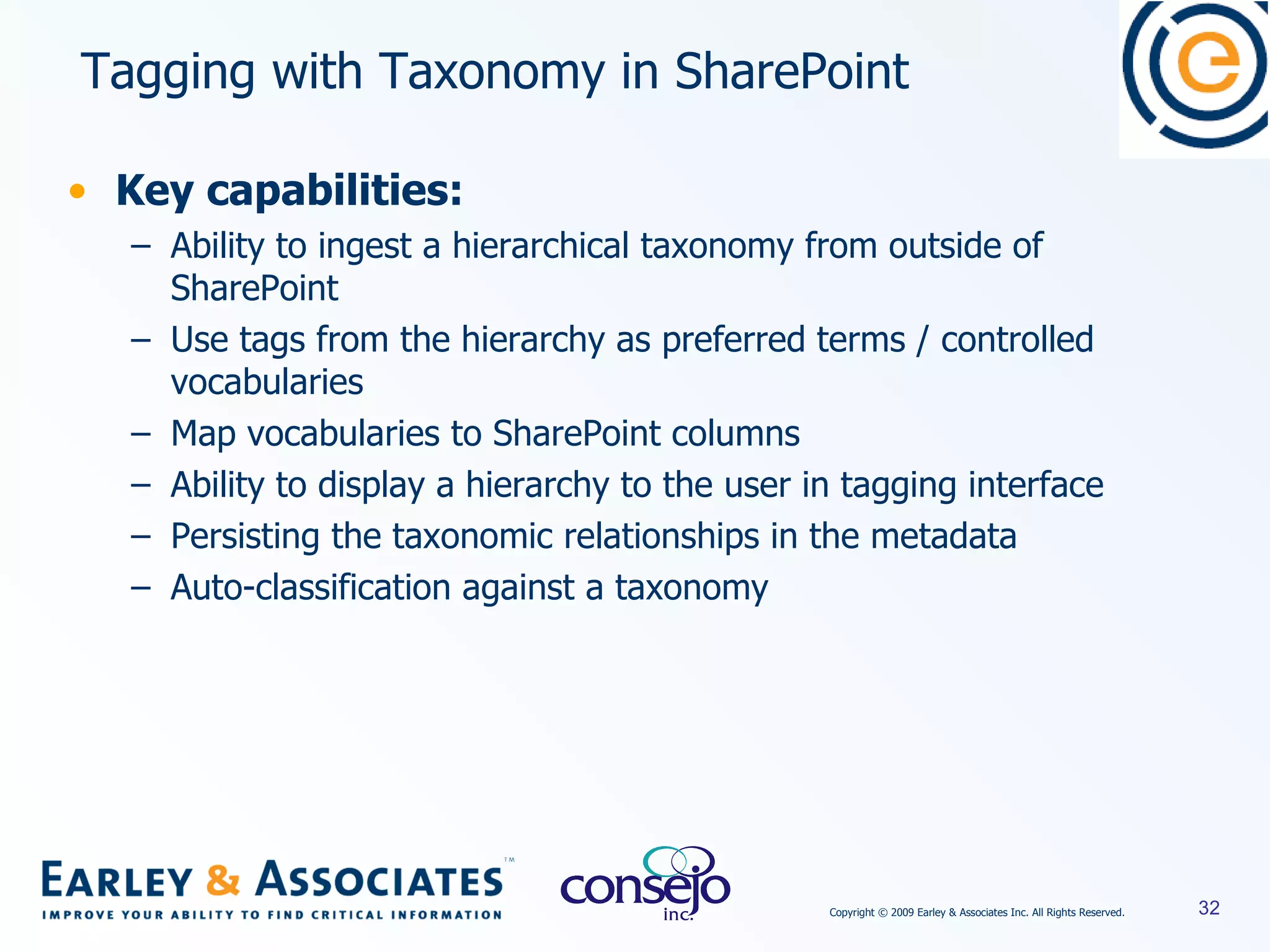 Key capabilities: Ability to ingest a hierarchical taxonomy from outside of SharePoint Use tags from the hierarchy as preferred terms / controlled vocabularies Map vocabularies to SharePoint columns Ability to display a hierarchy to the user in tagging interface Persisting the taxonomic relationships in the metadata Auto-classification against a taxonomy Tagging with Taxonomy in SharePoint 