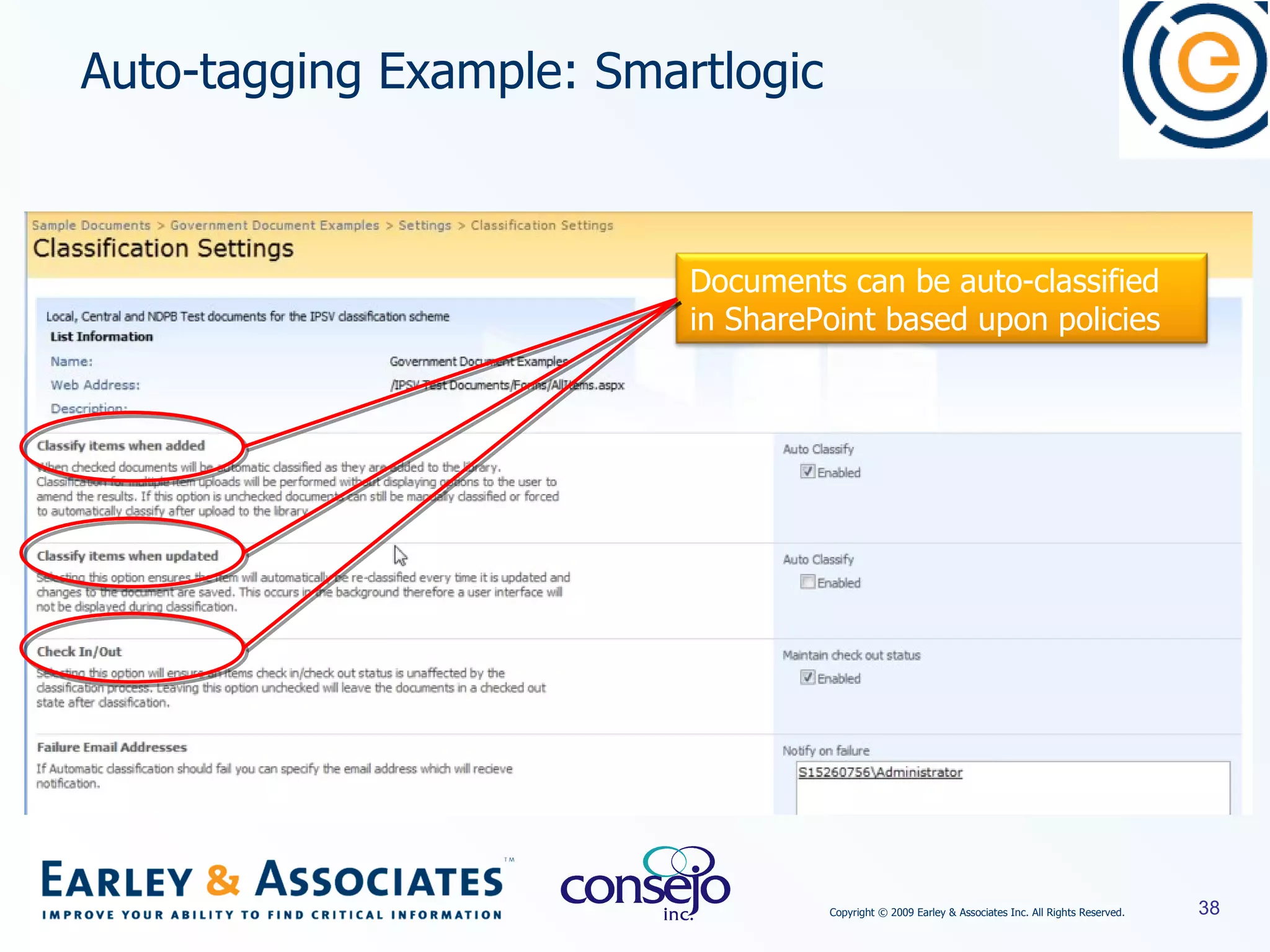 Auto-tagging Example: Smartlogic Documents can be auto-classified in SharePoint based upon policies 