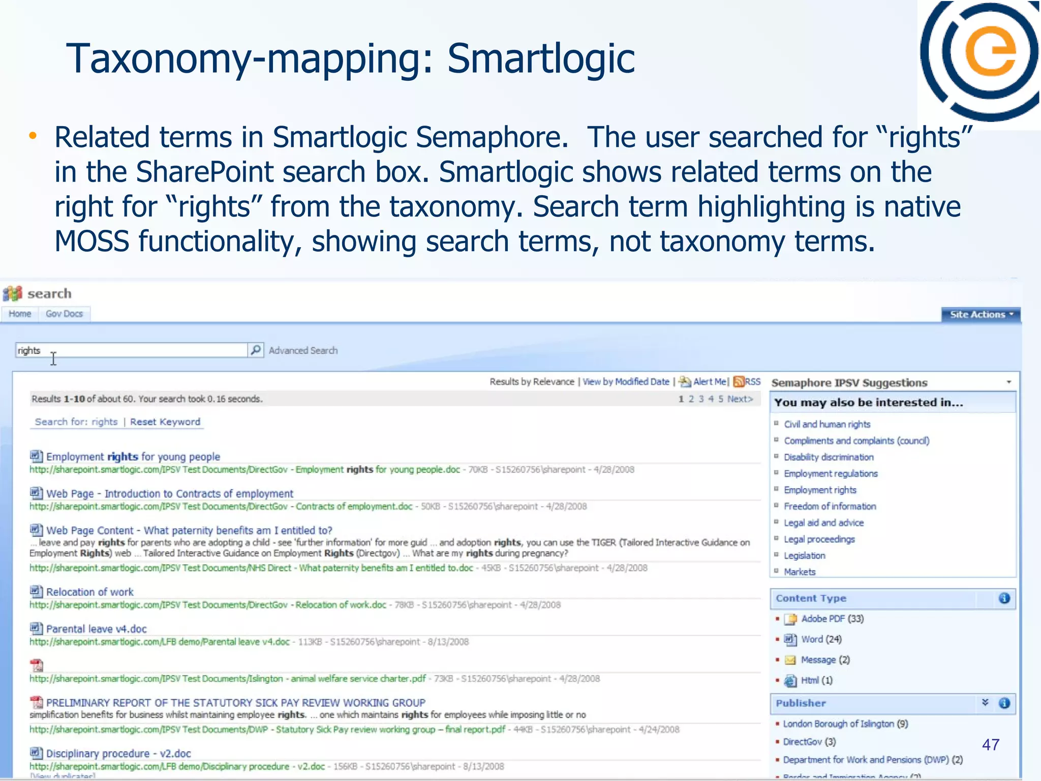 Taxonomy-mapping: Smartlogic  Related terms in Smartlogic Semaphore.  The user searched for “rights” in the SharePoint search box. Smartlogic shows related terms on the right for “rights” from the taxonomy. Search term highlighting is native MOSS functionality, showing search terms, not taxonomy terms. 