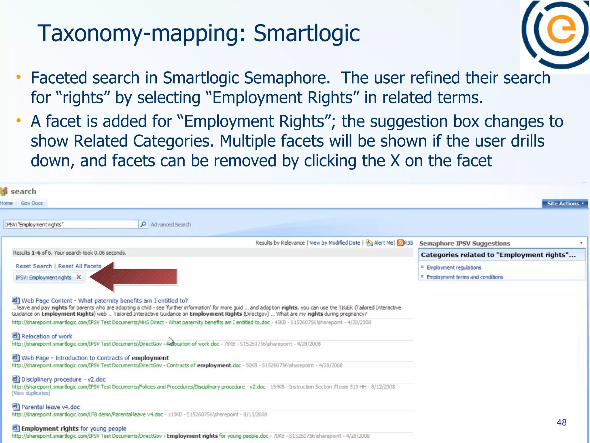 Taxonomy-mapping: Smartlogic  Faceted search in Smartlogic Semaphore.  The user refined their search for “rights” by selecting “Employment Rights” in related terms.  A facet is added for “Employment Rights”; the suggestion box changes to show Related Categories. Multiple facets will be shown if the user drills down, and facets can be removed by clicking the X on the facet 