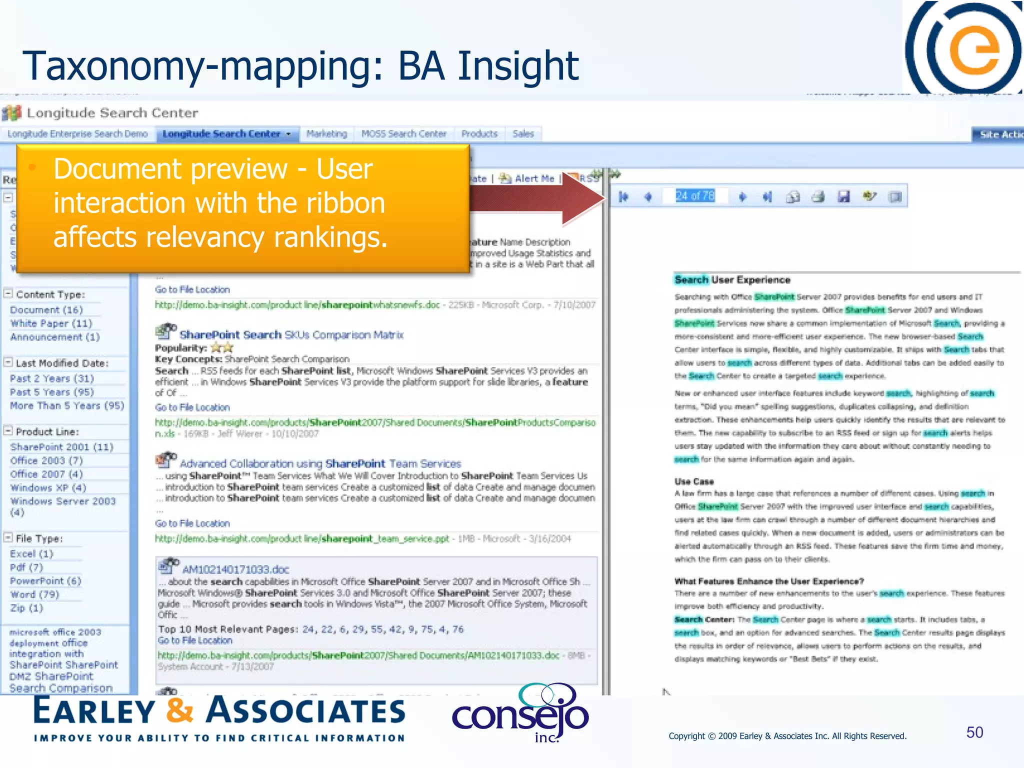 Taxonomy-mapping: BA Insight Document preview - User interaction with the ribbon affects relevancy rankings.  