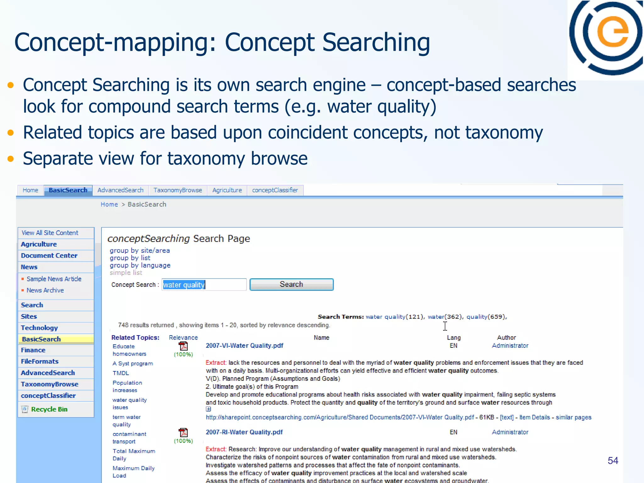 Concept-mapping: Concept Searching  Concept Searching is its own search engine – concept-based searches look for compound search terms (e.g. water quality) Related topics are based upon coincident concepts, not taxonomy Separate view for taxonomy browse 