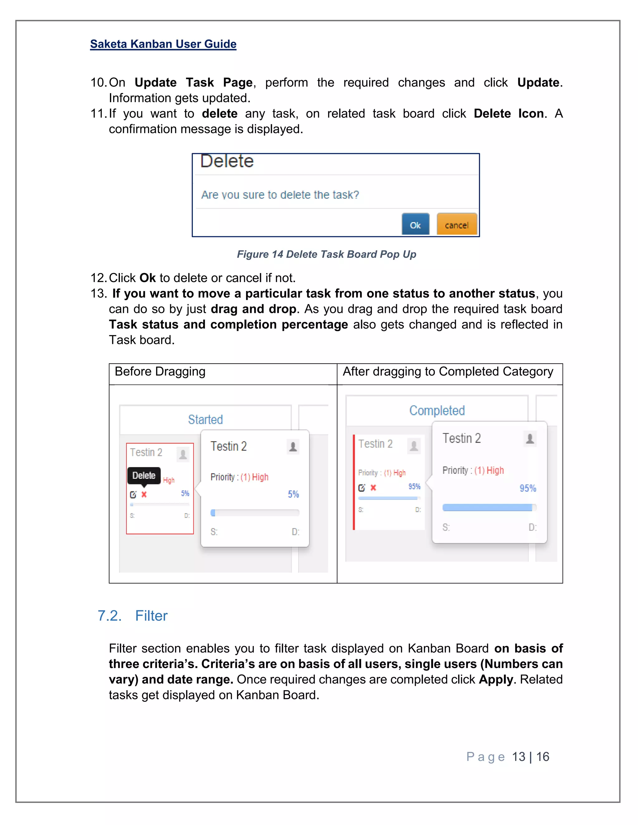 Saketa Kanban User Guide
P a g e 13 | 16
10.On Update Task Page, perform the required changes and click Update.
Information gets updated.
11.If you want to delete any task, on related task board click Delete Icon. A
confirmation message is displayed.
Figure 14 Delete Task Board Pop Up
12.Click Ok to delete or cancel if not.
13. If you want to move a particular task from one status to another status, you
can do so by just drag and drop. As you drag and drop the required task board
Task status and completion percentage also gets changed and is reflected in
Task board.
Before Dragging After dragging to Completed Category
7.2. Filter
Filter section enables you to filter task displayed on Kanban Board on basis of
three criteria’s. Criteria’s are on basis of all users, single users (Numbers can
vary) and date range. Once required changes are completed click Apply. Related
tasks get displayed on Kanban Board.
 