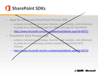 SharePoint SDKs
• Apps for Office and SharePoint Preview SDK
– contains conceptual overviews, how-tos, code samples, and references
to guide you in developing apps for Office and apps for SharePoint.
– http://www.microsoft.com/en-us/download/details.aspx?id=30721
• SharePoint 2013 Preview SDK
– contains conceptual overviews, how-tos, code samples, and references
to guide you in developing solutions based on SharePoint 2013
Preview.
– http://www.microsoft.com/en-us/download/details.aspx?id=30722
 