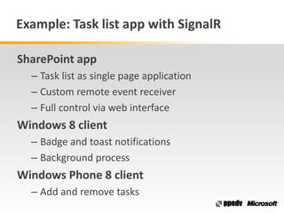 Example: Task list app with SignalR
SharePoint app
– Task list as single page application
– Custom remote event receiver
– Full control via web interface
Windows 8 client
– Badge and toast notifications
– Background process
Windows Phone 8 client
– Add and remove tasks
 