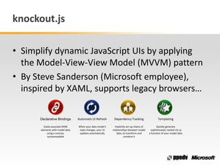 knockout.js
• Simplify dynamic JavaScript UIs by applying
the Model-View-View Model (MVVM) pattern
• By Steve Sanderson (M...