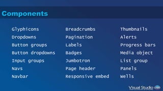 Components 
Glyphicons 
Dropdowns 
Button groups 
Button dropdowns 
Input groups 
Navs 
Navbar 
Breadcrumbs 
Pagination 
Labels 
Badges 
Jumbotron 
Page header 
Thumbnails 
Alerts 
Progress bars 
Media object 
List group 
Panels 
Responsive embed Wells 
 