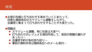 状況
お取引先様と打ち合わせを進めていくにあたって、
何度も関係各位のスケジュール調整をしながら、
会議室に集まって打ち合わせをすることが大変だった。
問題点
 スケジュール調整、特に社長は大変^^;
 打ち合わせのレジュメを毎回作成して、前回の宿題の漏れが
あったり…
 会議室予約が各社持ち回り…
 事前の資料共有は関係各位へのメール添付…

 
