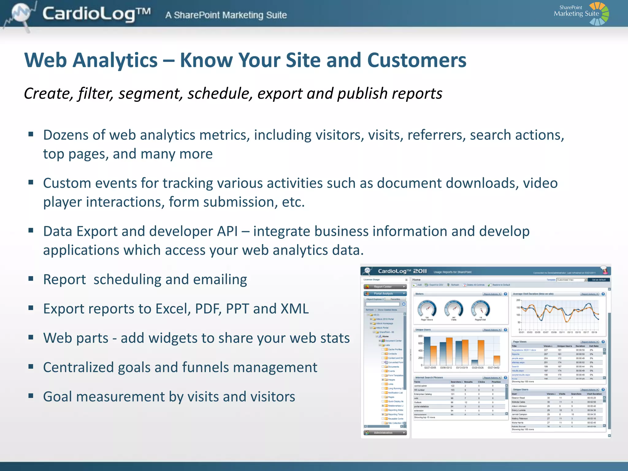 Web Analytics – Know Your Site and Customers
Features and Enhancements for SharePoint
 Seamless integration with SharePoint’s 2010, 2007 and 2003 Tree Structure, content

and user metadata
 A large selection of reports for SharePoint environments
 Report drill down - from site level to single documents via tree structure
 Integration with user Profiles and Groups
 Real-time reporting (Analysis Center)
 SDK / API - customization
 Utilization of historic IIS logs
 5 years of history data

 Openness
 And much more…

 