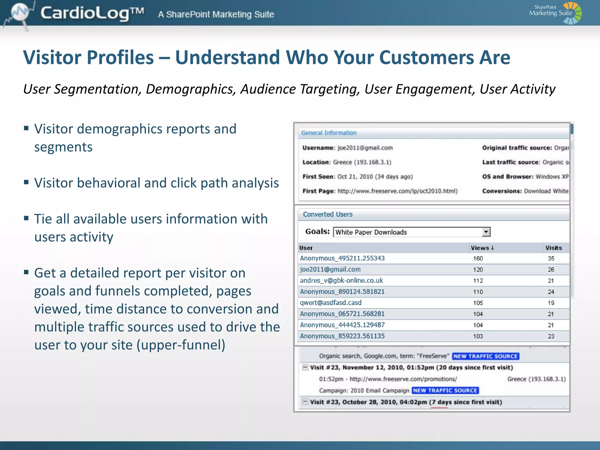 Search Engine Optimization
Search engine and keywords reports, site map management, SEO violations and errors.
 Explore search engines and keywords which
drive traffic to your site
 Find out which search engine and keywords
are best in generating sales
 Discover which keywords convert best

 Create an accurate and updated sitemap
 Track content changes in real time - deleted
pages, changes in site inventory and
structure

 