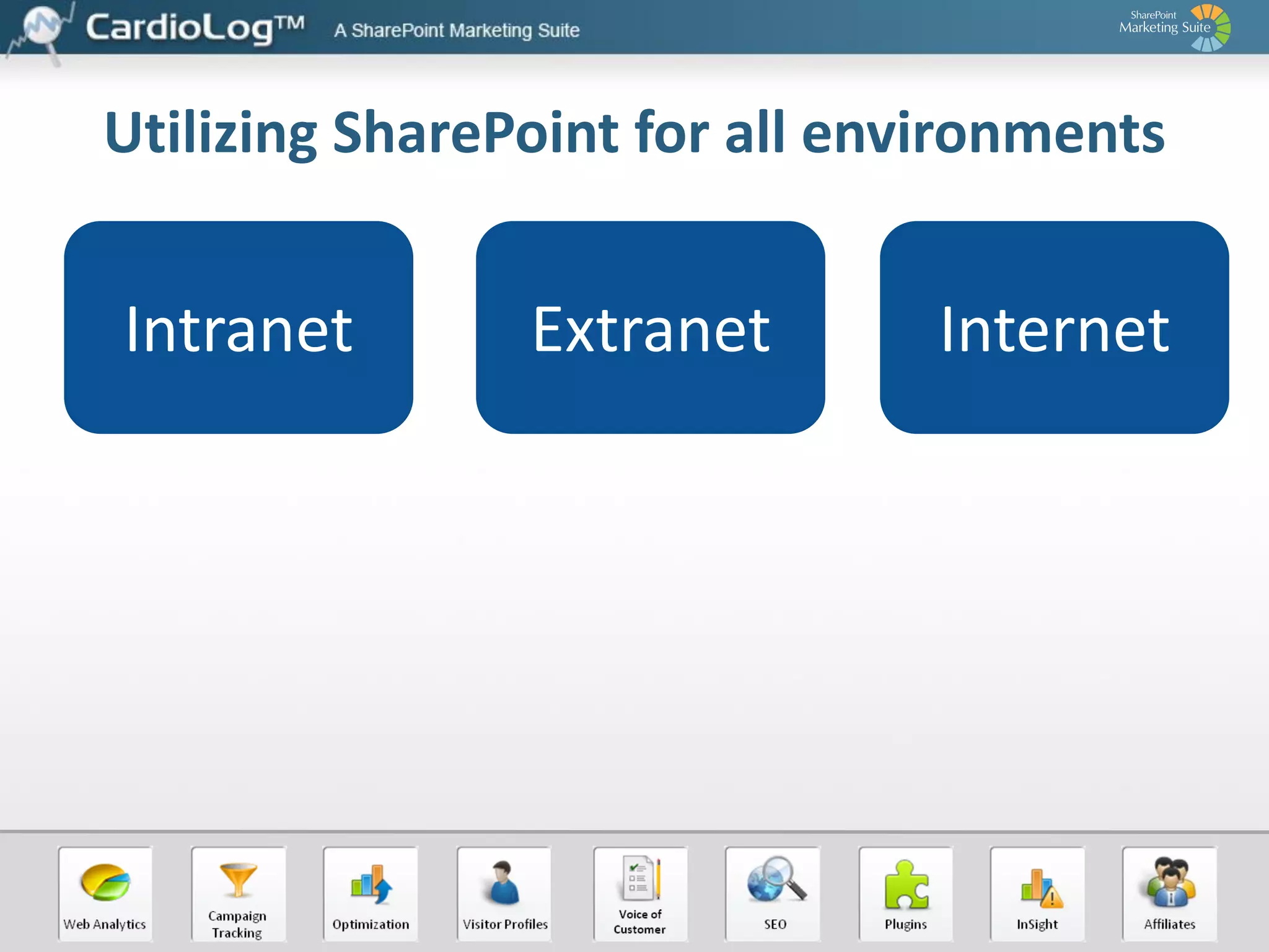 Utilizing SharePoint for all environments

Intranet

Extranet

Internet

 