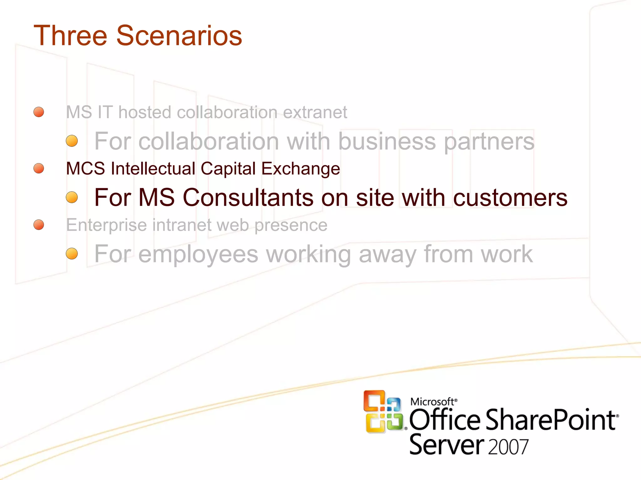 Three Scenarios MS IT hosted collaboration extranet For collaboration with business partners MCS Intellectual Capital Exchange For MS Consultants on site with customers Enterprise intranet web presence For employees working away from work 
