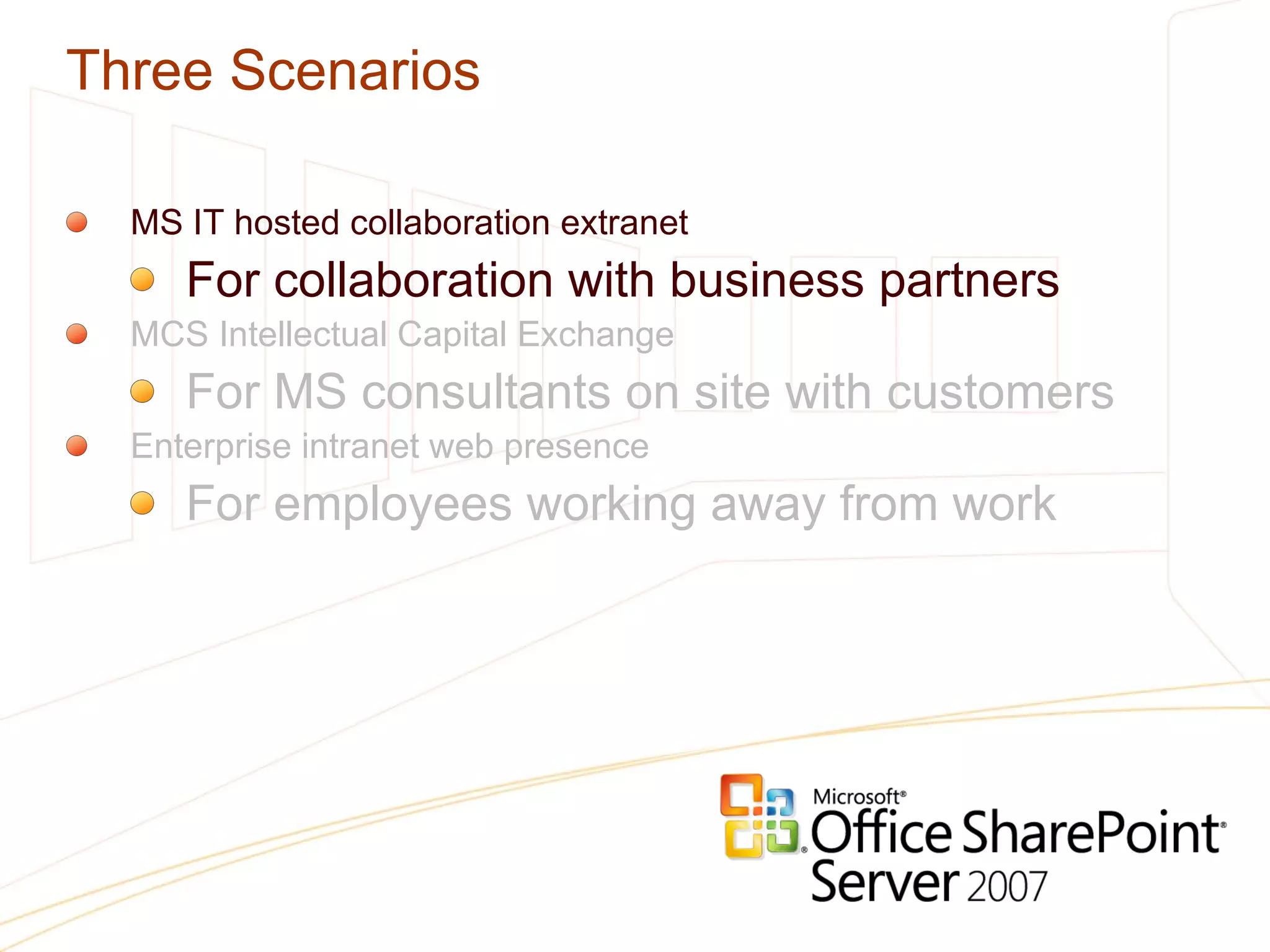 Three Scenarios MS IT hosted collaboration extranet For collaboration with business partners MCS Intellectual Capital Exchange For MS consultants on site with customers Enterprise intranet web presence For employees working away from work 