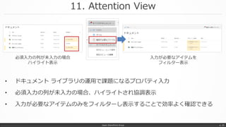 11. Attention View
• ドキュメント ライブラリの運用で課題になるプロパティ入力
• 必須入力の列が未入力の場合、ハイライトされ協調表示
• 入力が必要なアイテムのみをフィルターし表示することで効率よく確認できる
Japan SharePoint Group p. 25
必須入力の列が未入力の場合
ハイライト表示
入力が必要なアイテムを
フィルター表示
 
