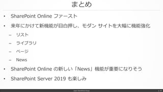 まとめ
Japan SharePoint Group p. 44
• SharePoint Online ファースト
• 来年にかけて新機能が目白押し、モダン サイトを大幅に機能強化
– リスト
– ライブラリ
– ページ
– News
• SharePoint Online の新しい「News」機能が重要になりそう
• SharePoint Server 2019 も楽しみ
 