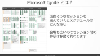 Microsoft Ignite とは？
Japan SharePoint Group p. 5
面白そうなセッションを
選んでいくとスケジュールは
こんな感じ
会場も広いのでセッション間の
休憩は移動で終わります
 