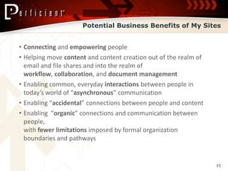 Potential Business Benefits of My Sites


• Connecting and empowering people
• Helping move content and content creation o...