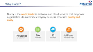 Why Nintex?
Nintex is the world leader in software and cloud services that empower
organizations to automate everyday busi...