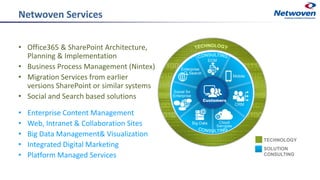 Netwoven Services
• Office365 & SharePoint Architecture,
Planning & Implementation
• Business Process Management (Nintex)
...
