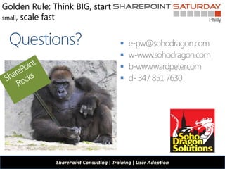 Golden Rule: Think BIG, start
small, scale fast



                                         
                                         
                                         
                                         




              SharePoint Consulting | Training | User Adoption
 