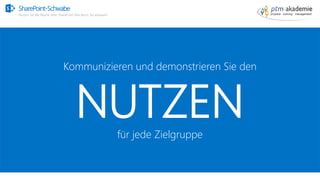 SharePoint-Schwabe
Nutzen Sie alle Räume Ihrer SharePoint Villa bevor Sie anbauen!
Kommunizieren und demonstrieren Sie den
NUTZENfür jede Zielgruppe
 
