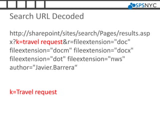 Search URL Decoded
http://sharepoint/sites/search/Pages/results.asp
x?k=travel request&r=fileextension="doc"
fileextension="docm" fileextension="docx"
fileextension="dot" fileextension="nws"
author="Javier.Barrera“
k=Travel request
 