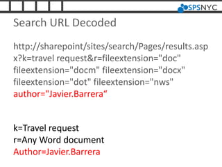 Search URL Decoded
http://sharepoint/sites/search/Pages/results.asp
x?k=travel request&r=fileextension="doc"
fileextension="docm" fileextension="docx"
fileextension="dot" fileextension="nws"
author="Javier.Barrera“
k=Travel request
r=Any Word document
Author=Javier.Barrera
 