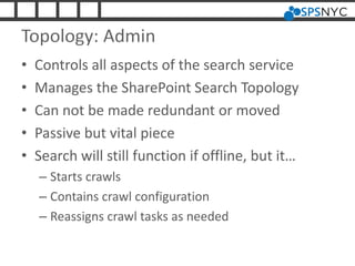 Topology: Admin
• Controls all aspects of the search service
• Manages the SharePoint Search Topology
• Can not be made redundant or moved
• Passive but vital piece
• Search will still function if offline, but it…
– Starts crawls
– Contains crawl configuration
– Reassigns crawl tasks as needed
 