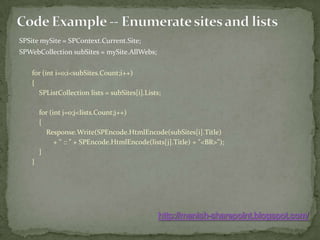 Code Example -- Enumerate sites and listsSPSitemySite = SPContext.Current.Site;SPWebCollectionsubSites = mySite.AllWebs;for (inti=0;i<subSites.Count;i++){SPListCollection lists = subSites[i].Lists;    for (int j=0;j<lists.Count;j++)    {Response.Write(SPEncode.HtmlEncode(subSites[i].Title)             + " :: " + SPEncode.HtmlEncode(lists[j].Title) + "<BR>");    }}http://manish-sharepoint.blogspot.com/