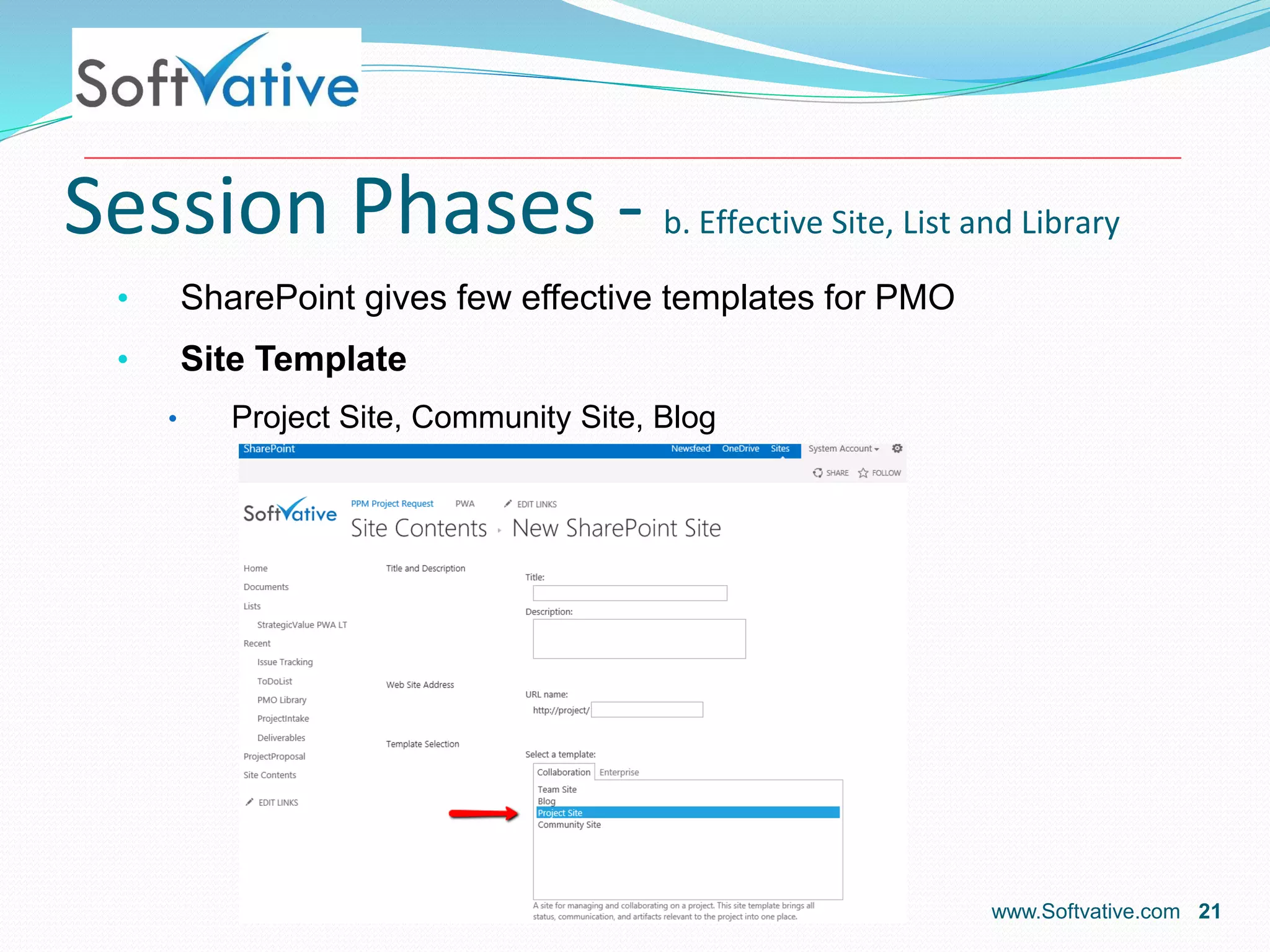 Session Phases - b. Effective Site, List and Library
• SharePoint gives few effective templates for PMO
• Site Template
• Project Site, Community Site, Blog
www.Softvative.com 21
 