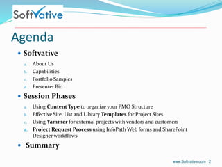 Agenda
 Softvative
a. About Us
b. Capabilities
c. Portfolio Samples
d. Presenter Bio
 Session Phases
a. Using Content Ty...
