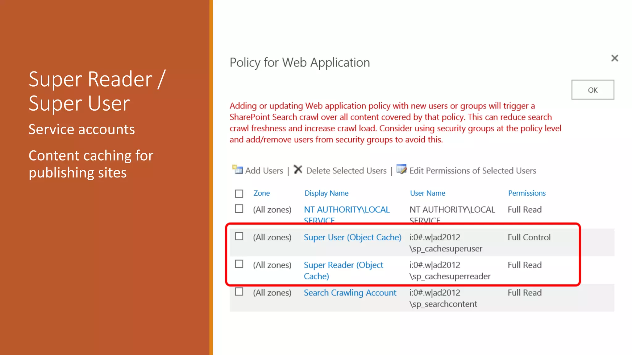 Super Reader /
Super User
Service accounts
Content caching for
publishing sites
 